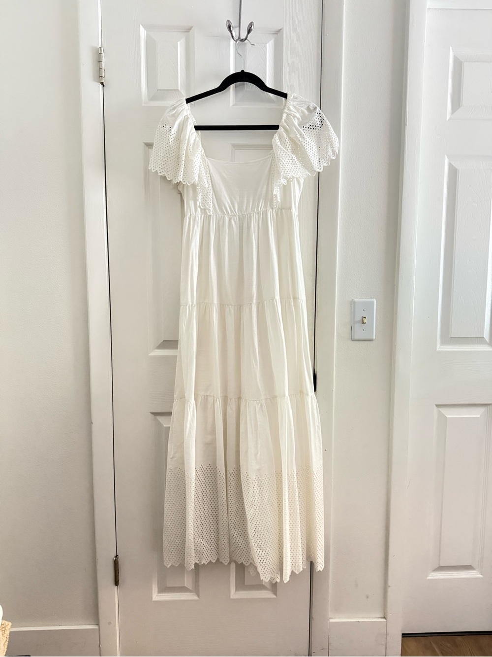 THE GREAT. Size 1. White Eyelet Tiered Maxi Dress